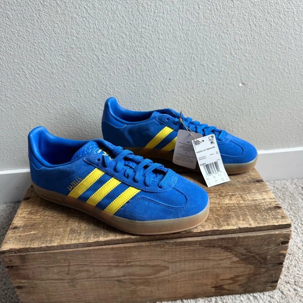 NWT adidas Gazelle Indoor Shoe Blue / Pure Sulfur / Gum Sneaker Mens sz 8.5 - Picture 2 of 8